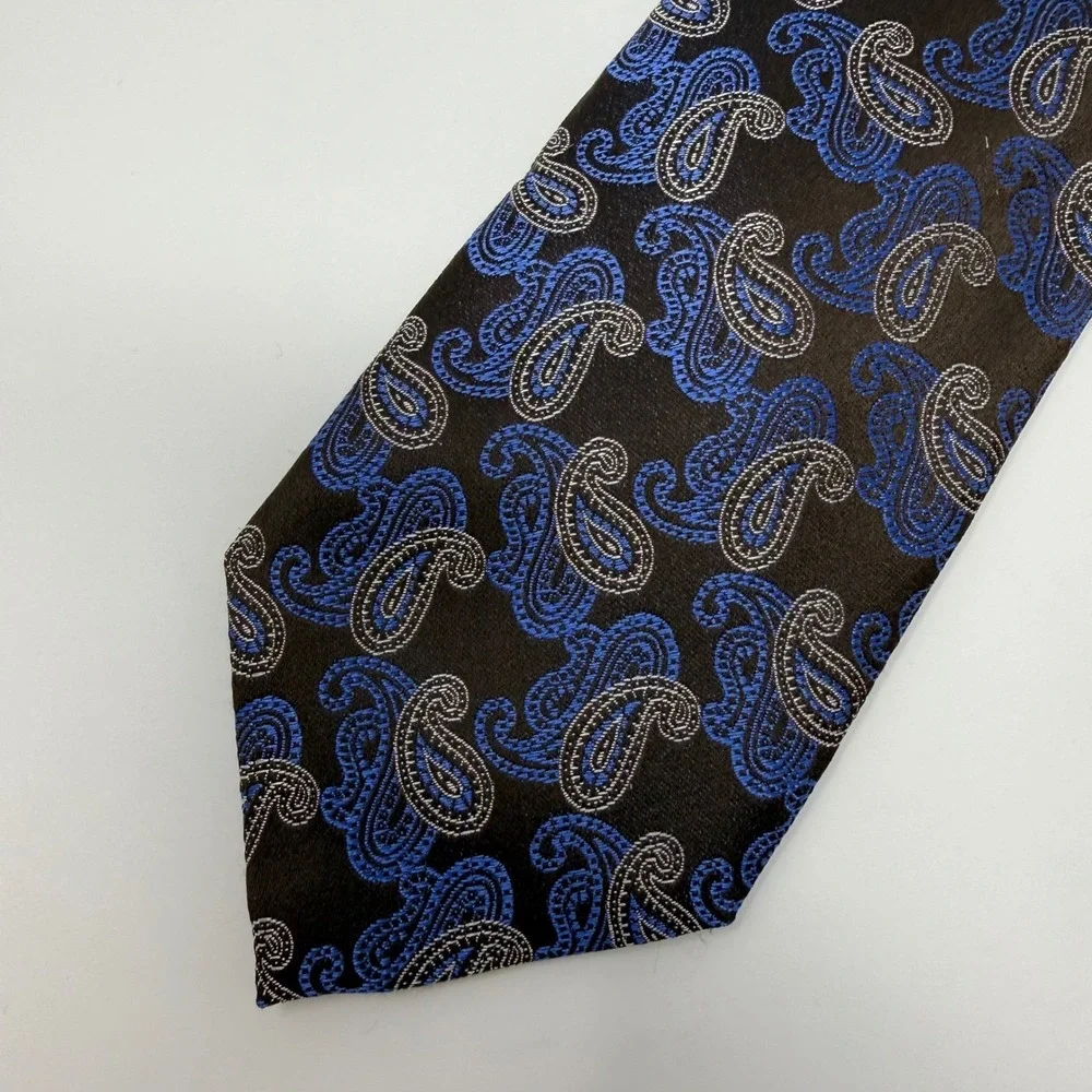 Canali Italy Mens Silk Paisley Necktie Brown Blue Silver Jacquard Classic Tie